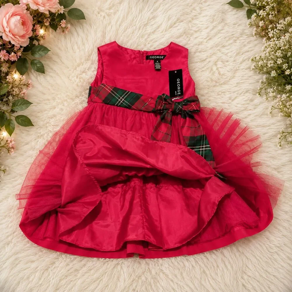 George Girls Size 4 Classic Red Holiday Dress Plaid Sash Bow Christmas NWT